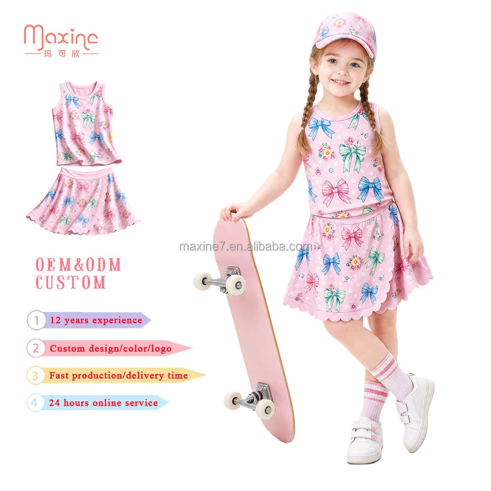 New Design Full Customization Girls Clothing Set Bow Pattern Yoga Girls Skort Clothing Set