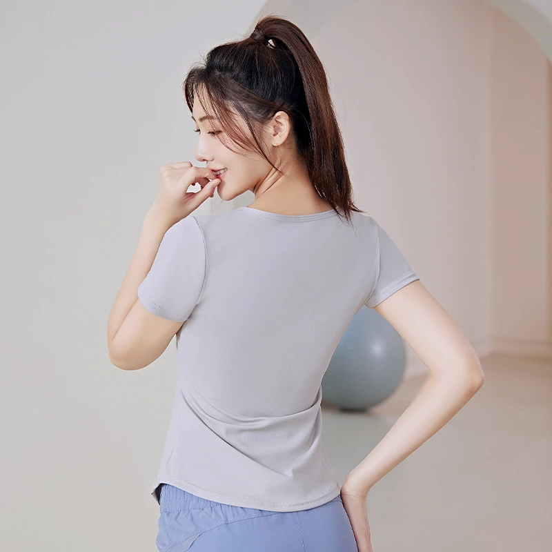 Women Yoga Top Short Sleeve V Neck Waist Pleated Soft Fabric Yoga Gym Training Sports Shirt