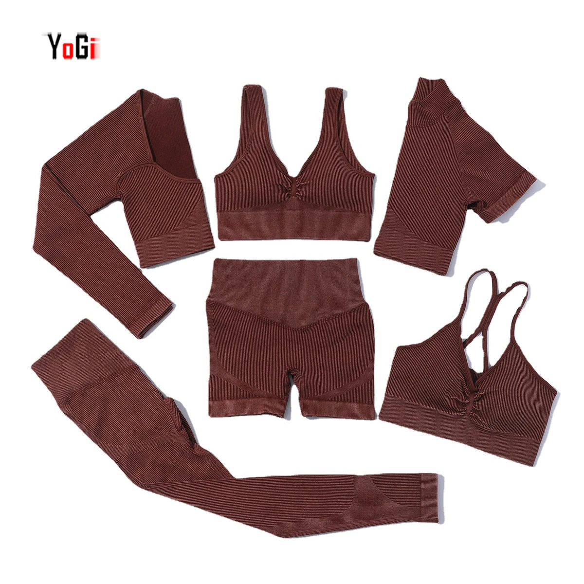 Women's High Custom Ultra Comfortable 6-Piece Workout Gym Fitness Sets Ribbed Yoga Leggings Shorts Bra Long Sleeve Solid