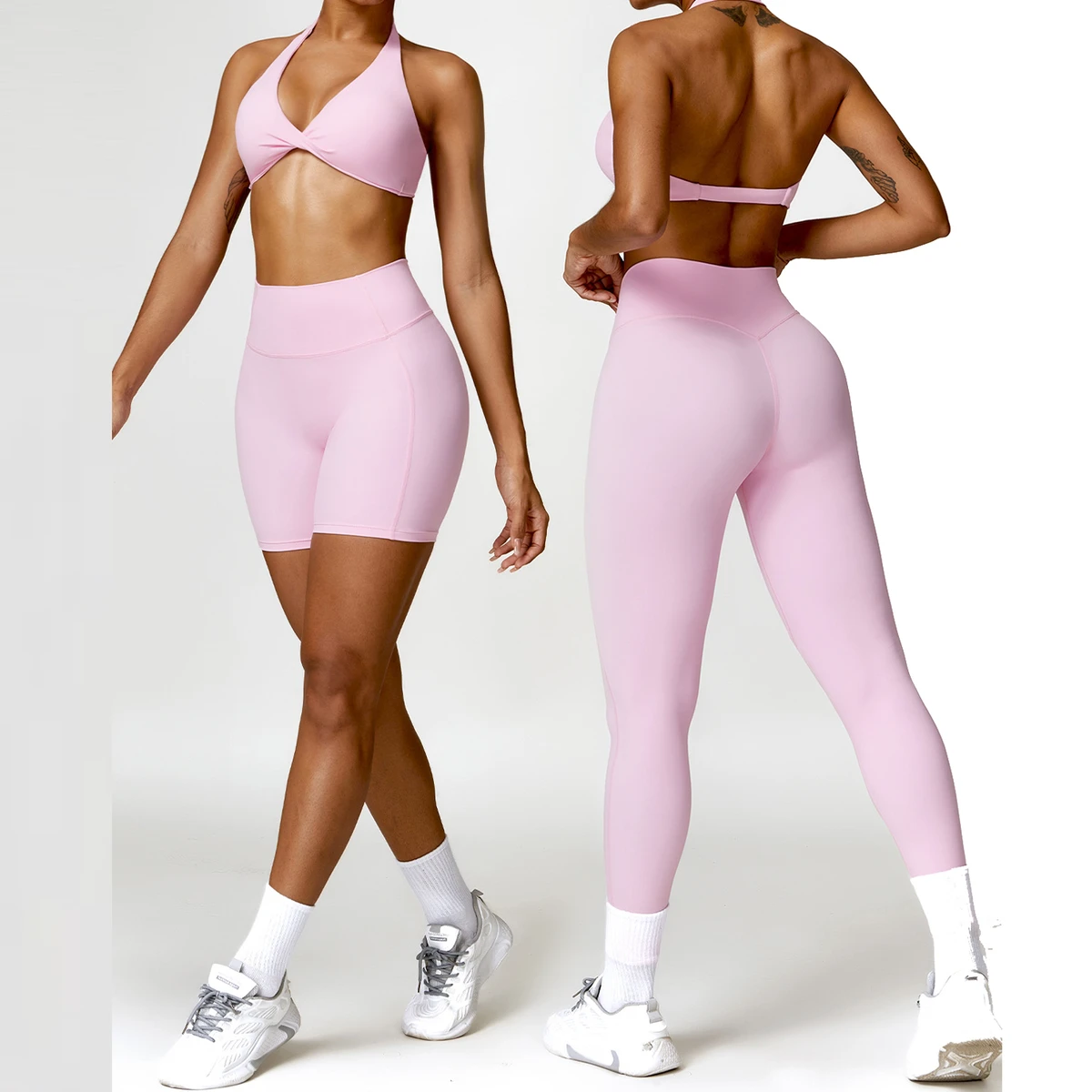 2pcs Yoga Set for Women With Halter Twist Bra Open Back Yoga Crop Top Workout Gym Suit Four Way Stretchy Fabric Nylon