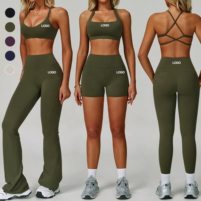 Women's Halter Neck Activewear Sports Suit Free Matching 5 Piece Workout Outfits High Waist Flare Pants Gym Fitness Yoga Sets