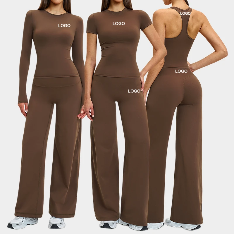 Custom Logo Wholesale 5 Pieces Yoga Sets Quick Dry Breathable Activewear Flared Leggings Suit Fitness Sport Gym Wear for Women