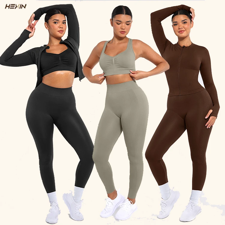 Hexin Wholesale Custom Sports Jacket Fitness Gym Wear Quick Dry Activewear Long Sleeve Yoga Set Women Three Piece Tracksuit Set