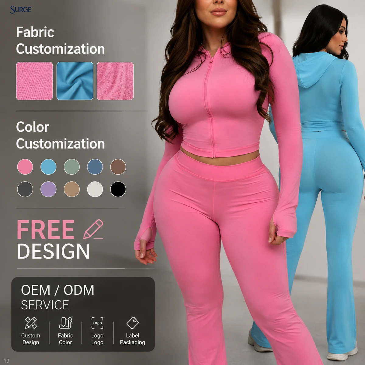 Custom Logo Women 80% Nylon 20% Spandex Solid Hooded Zip Front Full Sleeve Cropped High Waist Flared Pants Two Piece Yoga Set
