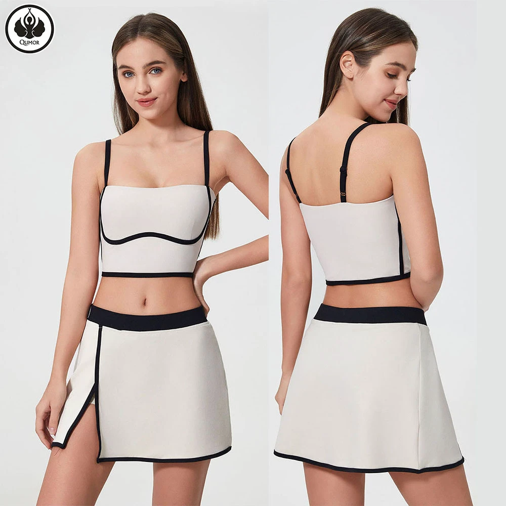 QUMOR Plus Size Color Blocking Breathable Sweat-Wicking 2-Piece Sports Tennis Shorts Yoga Set Women High-Intensity Shockproof