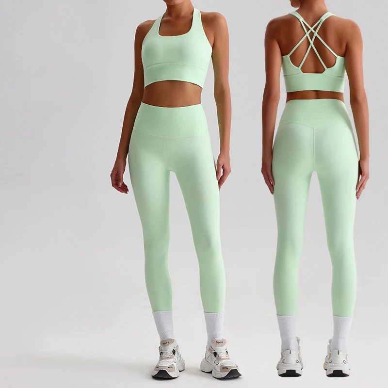 Women's 2-Piece Yoga Outfits High Waisted Leggings with Sports Bra Breathable Lightweight Gym Clothes Solid Pattern Yoga Sets