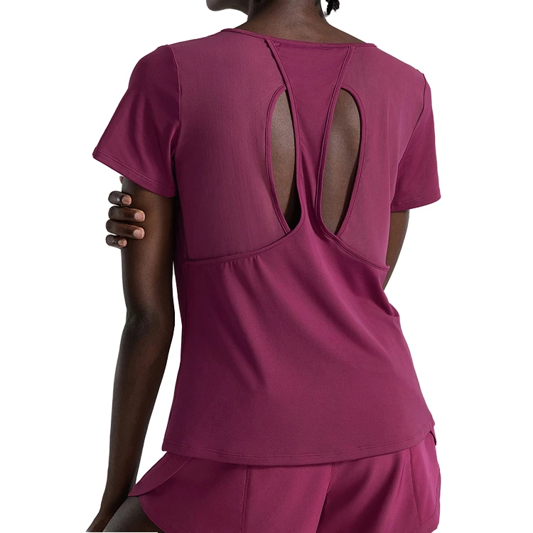Women's Summer Sports Fitness T-Shirt Short Sleeve Yoga Tops Hollow Back Casual Workout Solid Lightweight Print Soft Loose Neck