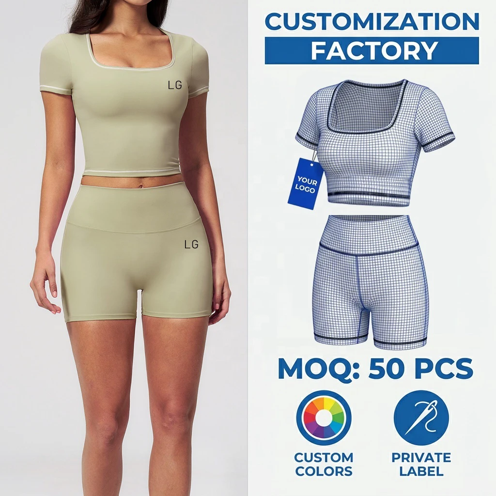 Custom Stitched Yoga Set Women Square Neck Short Sleeve Top And Biker Shorts Two Piece Athletic Gym Sportswear Workout Suits