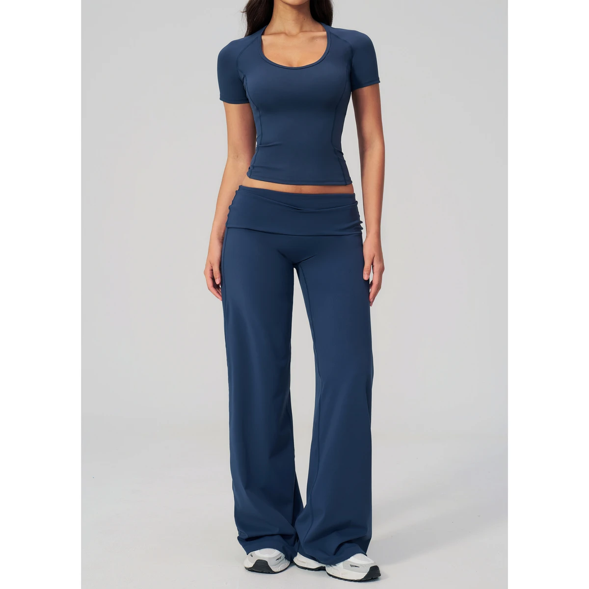 2026Women Gym Wear Short Sleeve Athletic Top High Waist Wide Leg Yoga Pants Set Fold Over Waistband Workout Outfits 2 Piece Set