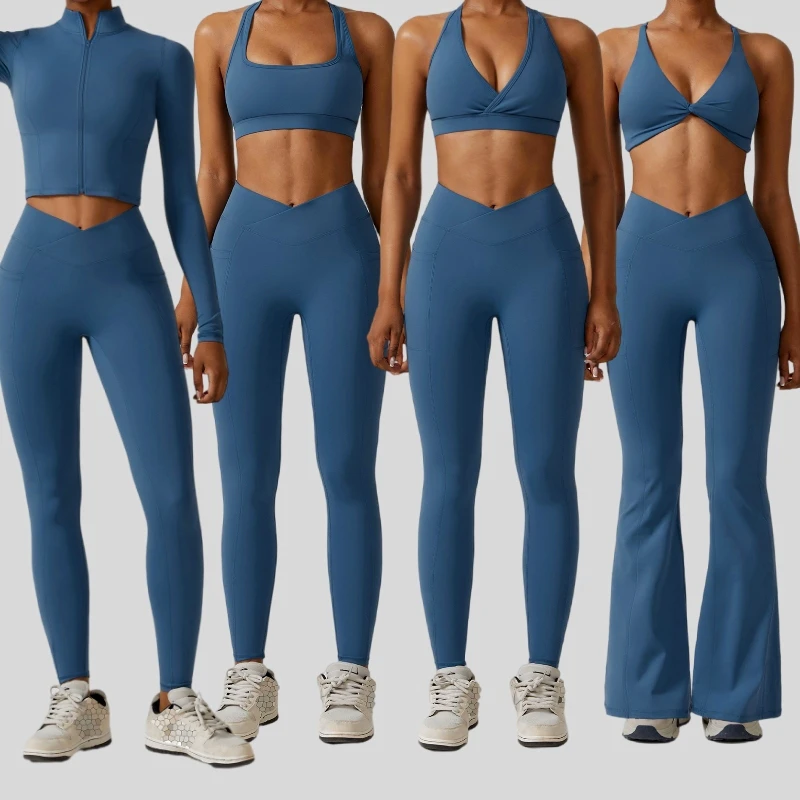 New 6 PCs Set Busty Underwear Yoga Bra Fitness Scrunched Butt Gym Workout Leggings Sports Wide Leg Pants Women Athletic Set