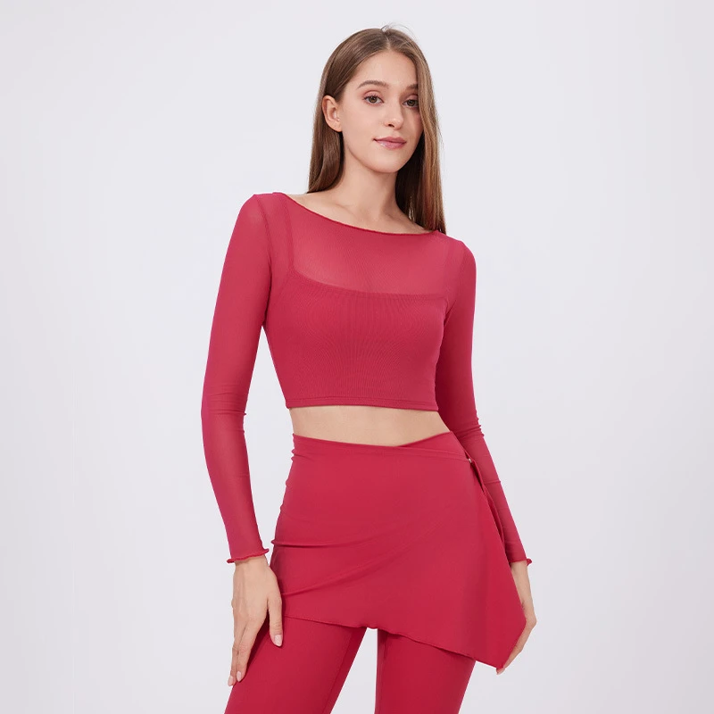 Women Mesh Long Sleeve Yoga Shirts with Chest Pads Quick-Dry Sports Bra Fitness Wear Gym Yoga Crop Tops