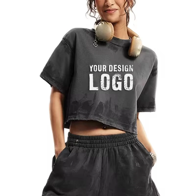 America Fashion Mud Dyed Short Loose Sport Lady T Shirt Street Casual 305G Solid Color Yoga Sport Crop Women's Tops