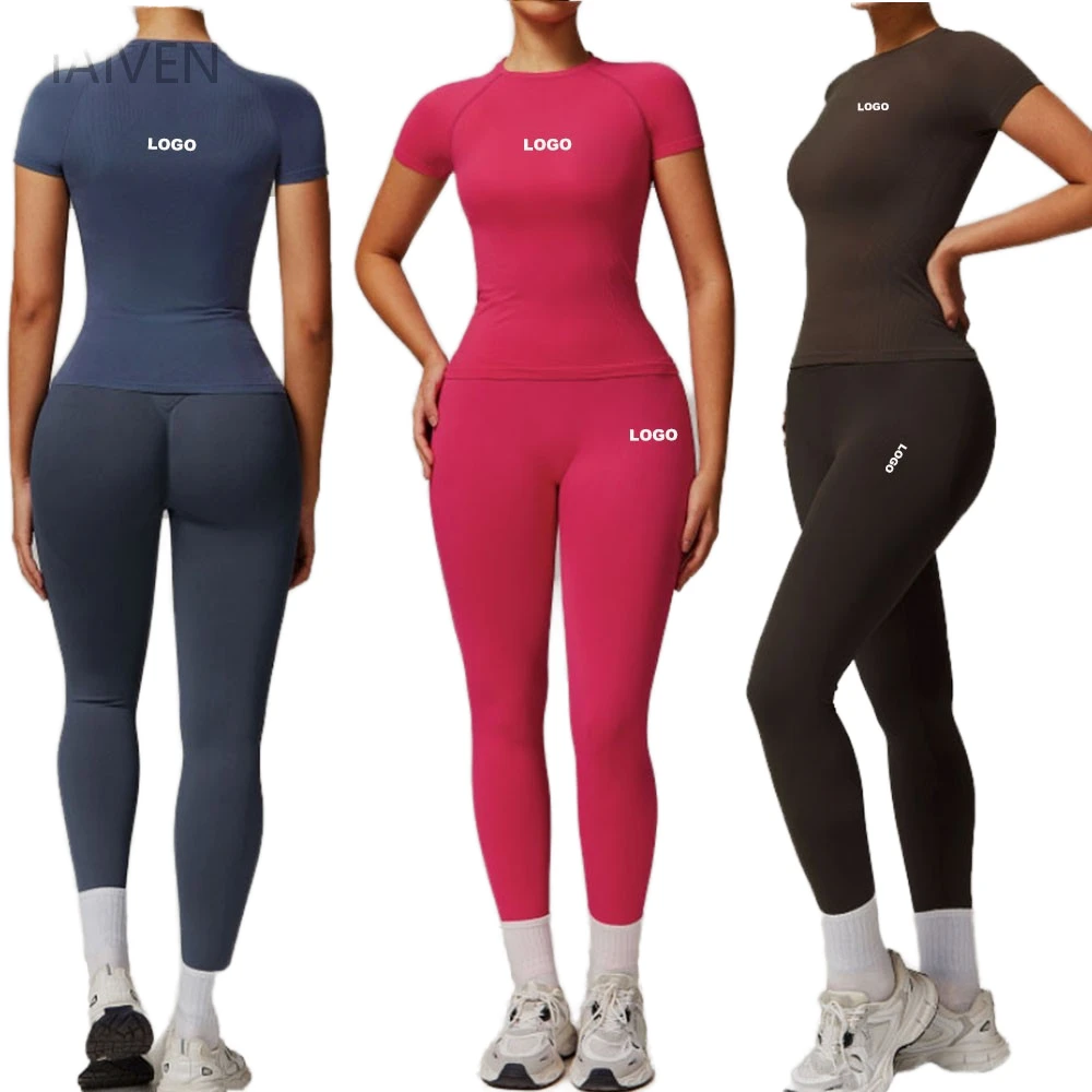 Stock Yoga Women's Yoga Sets Fitness Tshirts High Waist Leggings Quick Drying 2 Piece Set Activewear Gym Yoga Clothing Wholesale