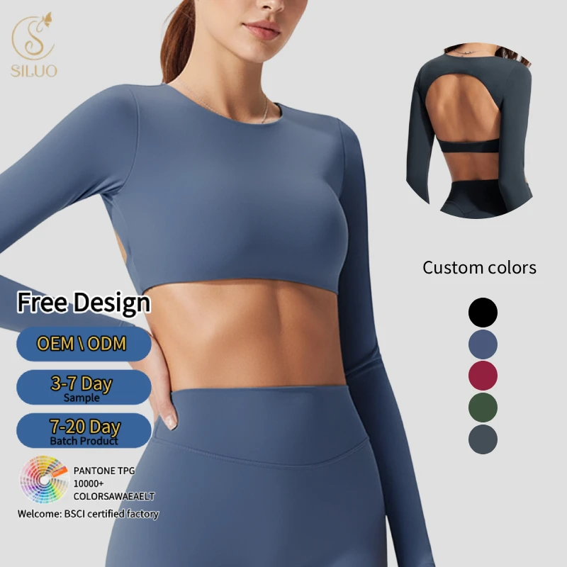 Women's Breathable Built-in Sexy Backless Bra Cutout Crop Shirt Slim Fit Sports Nude Tight Solid Long Sleeve Yoga Top for Gym