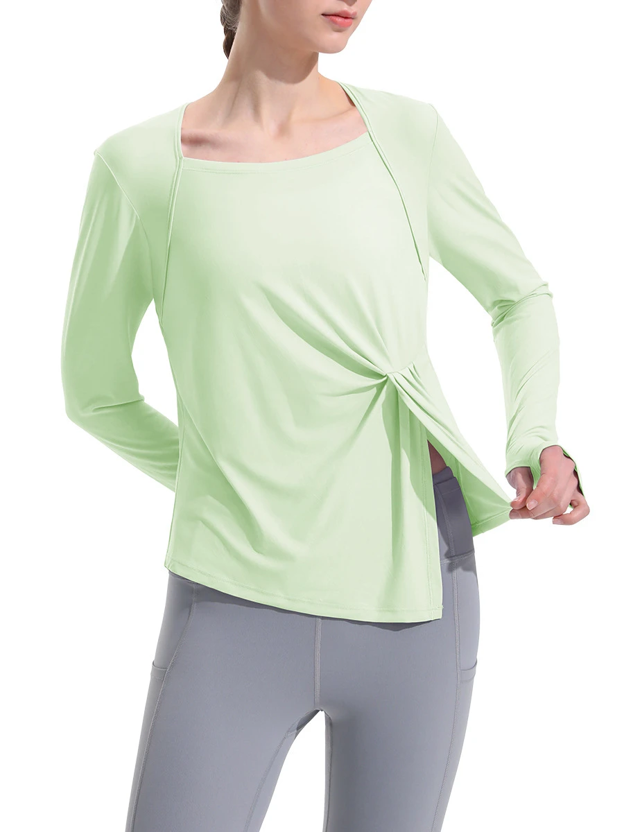 New Skin Waxy Sense Yoga Long Sleeve square Collar Slim Binding With Slit T-shirt High Elastic Sports Yoga Top