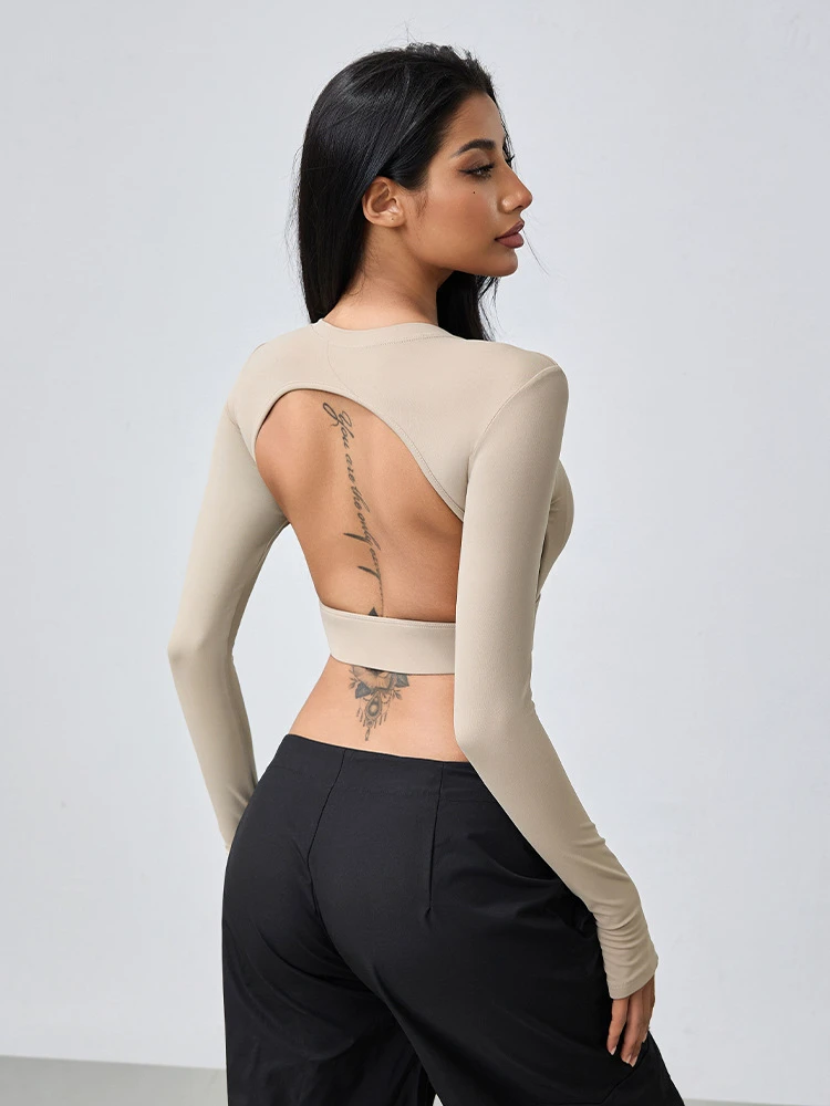 Yoga Top Women's Fitness Stretch Breathable Yoga Top Beautiful Back Hollow Tight Sports Long Sleeve T-Shirt