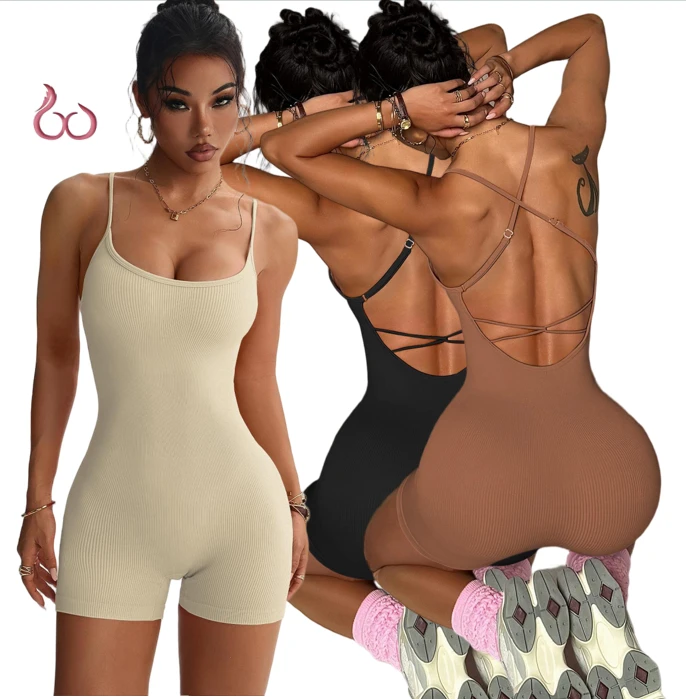Women's Adjustable Shoulder Straps Yoga Jumpsuit Cross Backless Seamless Sports Fitness Bodysuit Tight One-piece Playsuit