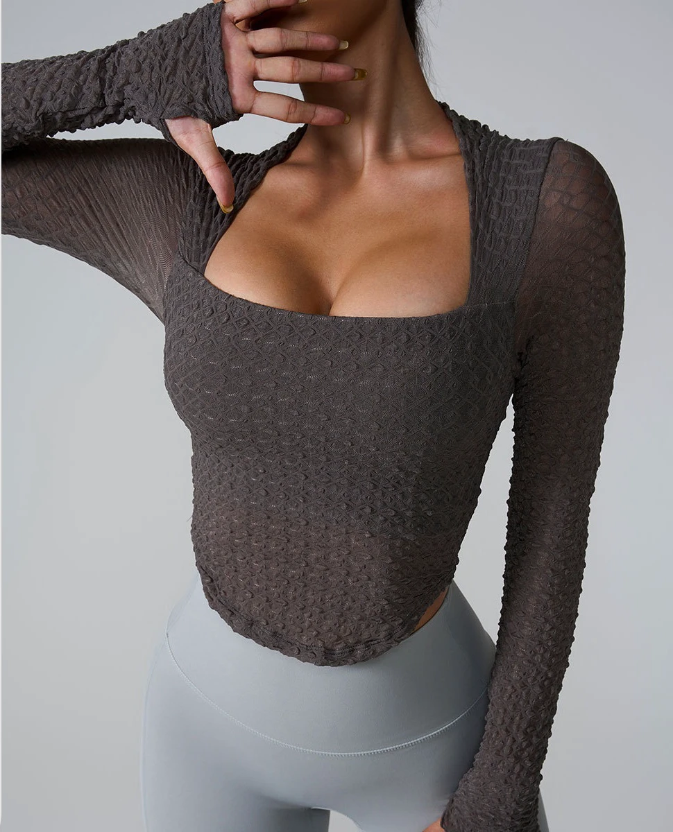 Mesh Puff Breathable Training Outdoor Yoga Padded Sports Fitness Tops of Long Sleeve Tops for Women