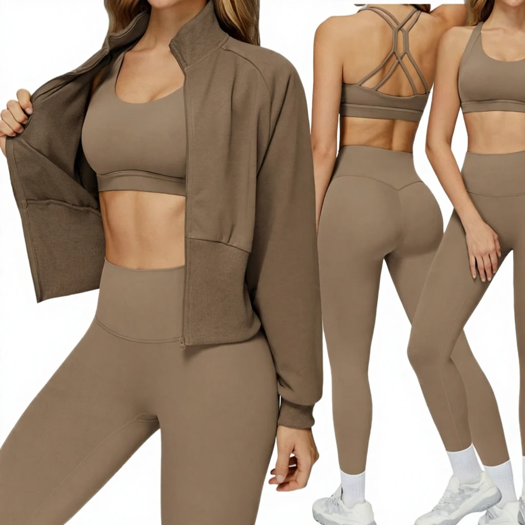 Custom Logo Solid Acid Wash Lace Belt Women's Yoga Leggings 3-Piece Winter Active Wear Set Breathable Waist Gym Apparel