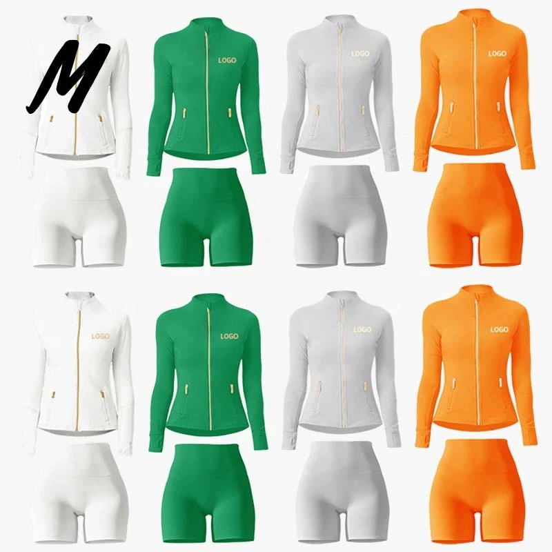 Custom Logo Jacket Yoga Pants High Quality Gym Sportswear Zipper Fitness Women Workout Sports Jacket With Shorts 2 Piece Set