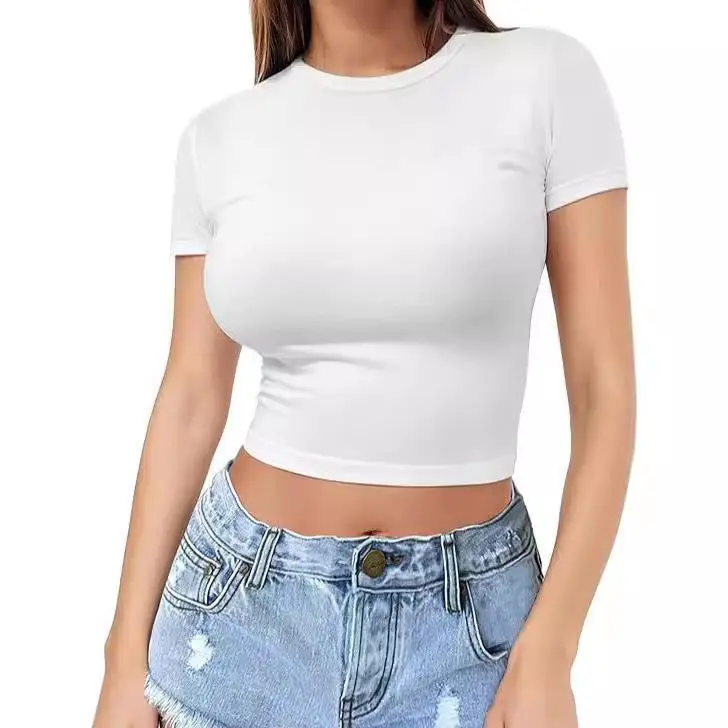 Wholesale Quick Dry Polyester Spandex Girl Slim Fit O Neck Short Sleeve Gym T-Shirts Fitness Breathable Yoga Crop T Shirts
