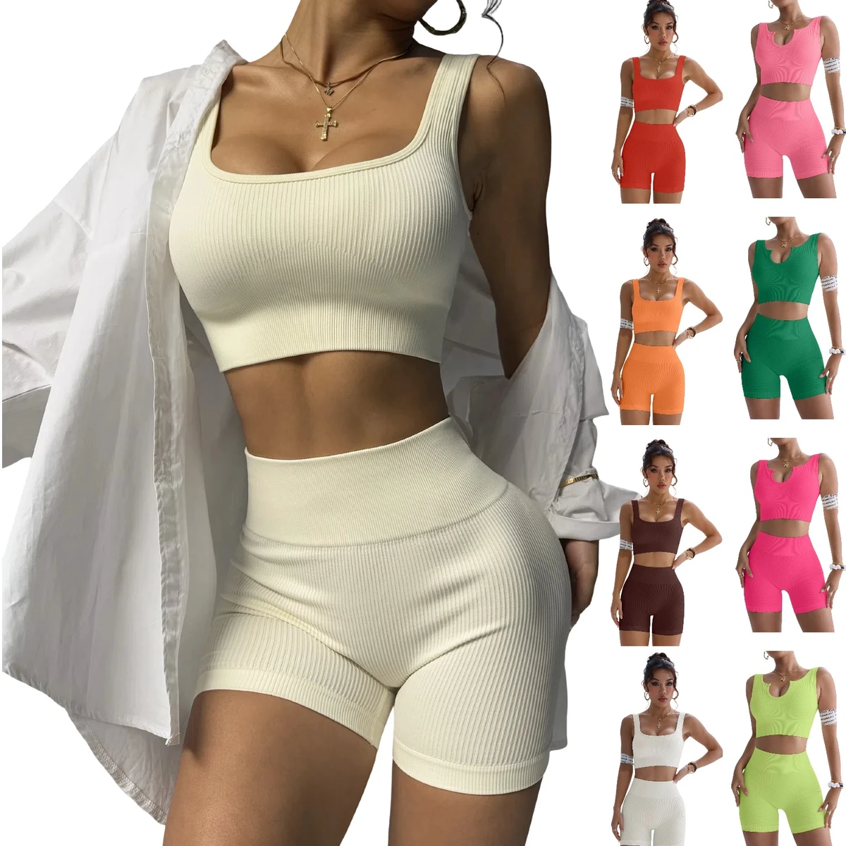 Ribbed Seamless Square Neck Sleeveless Yoga Shorts Suits Summer High Waist Hip Lift Yoga Cycling Sets High Stretch Active Sets