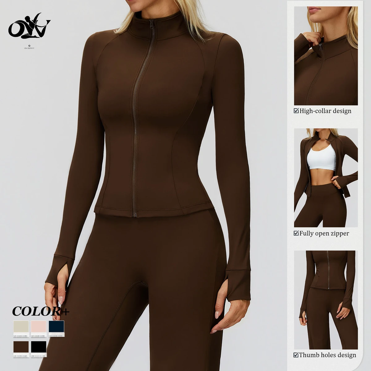 Autumn and Winter Stand-collar Sports Clothing Zipper Windproof and Thumb-holes Design Long Sleeve Top Casual Yoga Jackets Women