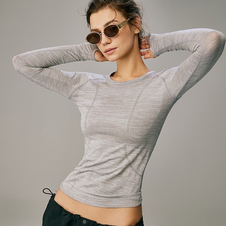 Cross-Border Autumn Quick-Drying Long-Sleeve Women's Sports Top Slim-Fit Seamless Yoga Wear Nylon Striped Autumn/Winter
