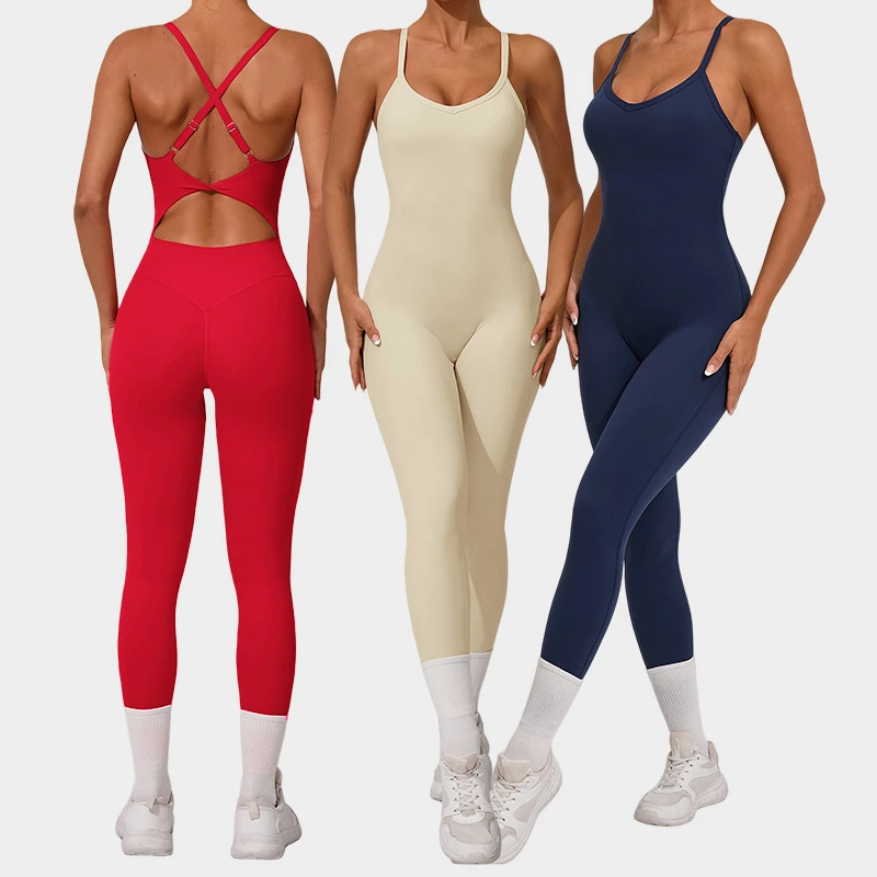 Wholesale Gym Fitness Jumpsuit Custom Logo Cross Adjustable Strap Bodysuit Sexy Yoga Gym Training Jumpsuit for Women
