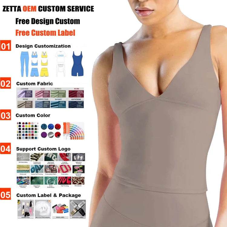OEM Custom Women's Seamless V Neck Yoga Tank Top Breathable Buttery Sofy Spandex Nylon Longline Sports bra With Removable Padds