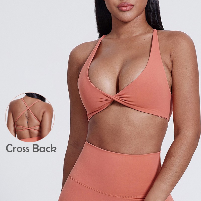 Womens V Neck Twist Front Design Yoga Crop Tops Cross Back Gym Workout Bra Women's Yoga Sports Bras for Women Fitness
