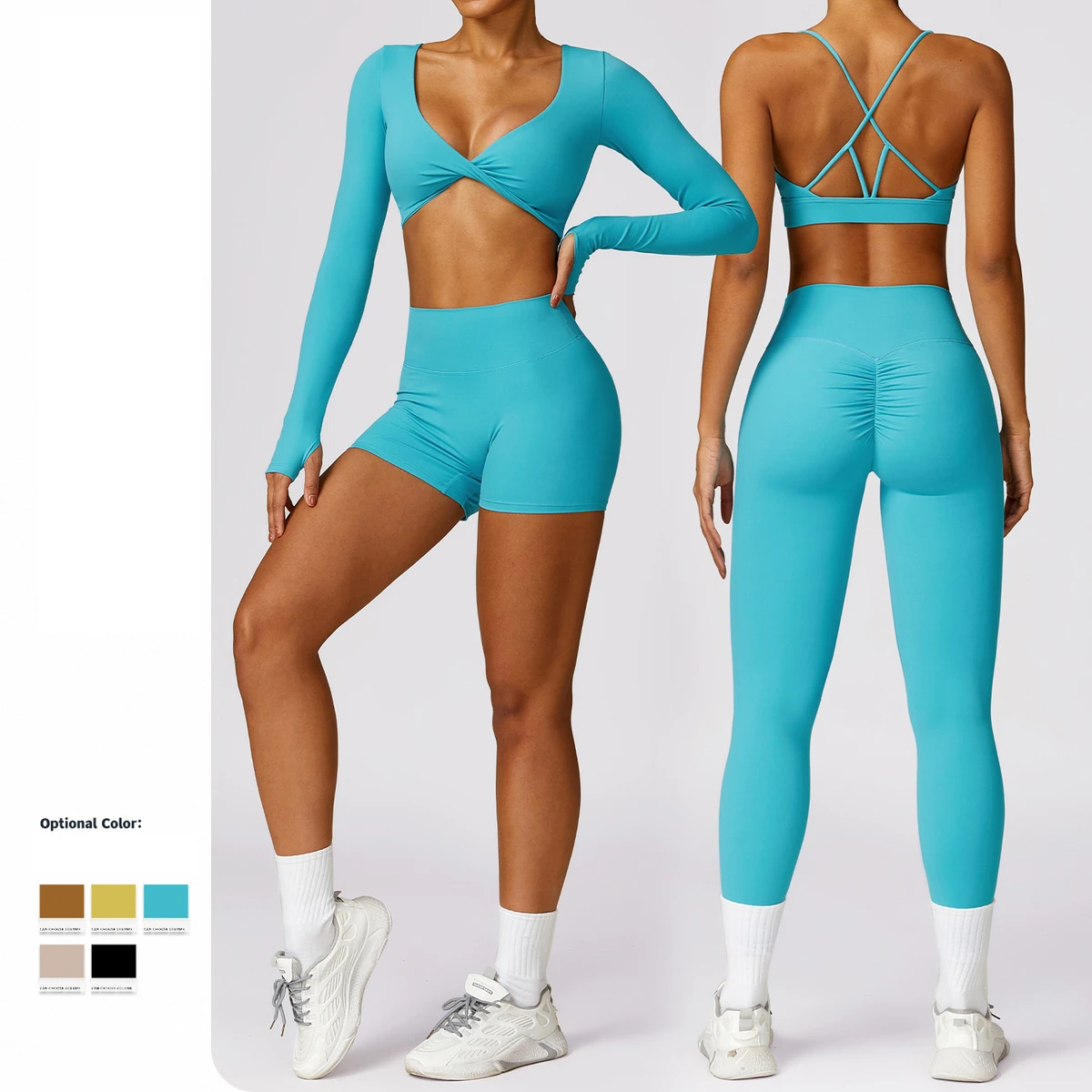 New Arrival Women 5 Piece Set Sportswear High Elastic Slimming Fit Tight V Neck Outdoor Gym Running Yoga Set