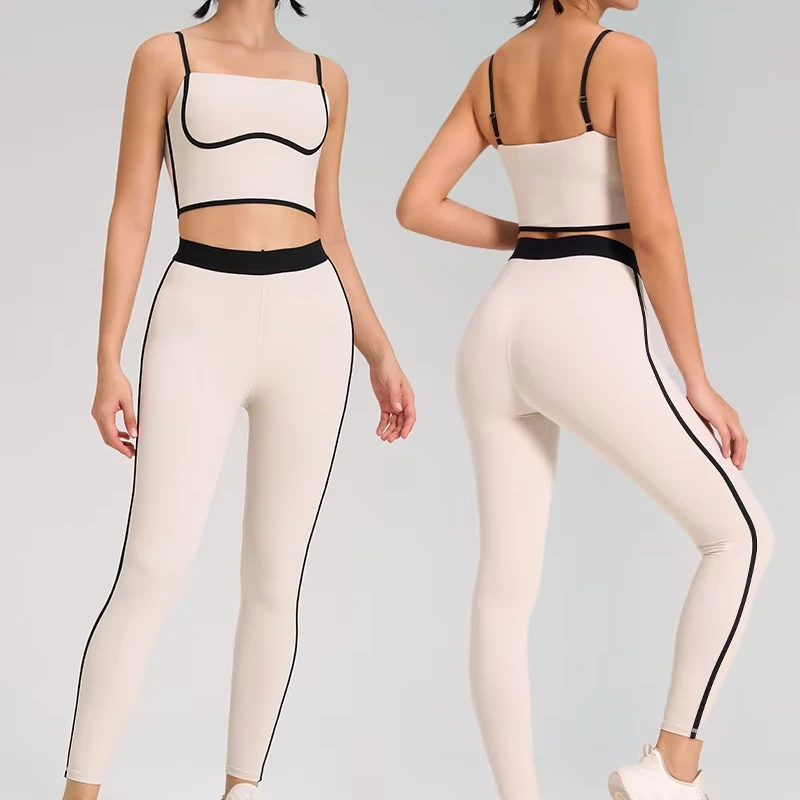 Women's Breathable Solid Spaghetti Strap High-Waist Elastic Waist Two-Piece Yoga Set Barely There Double-Sided Brushed