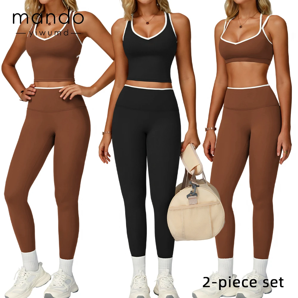 Nylon High Stretch Women's Sports Set Sexy V-Neck Built in Chest Pad Cross Strap Backless Top and Yoga Leggings 2 Piece Set