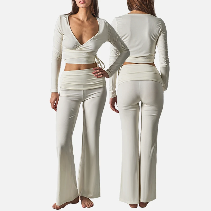 SY5818&SK1365-1 81% Modal 19% Spandex Long-sleeved V-Neck Yoga Top with Straps Sportswear Set High-waisted Fold Over Waist Pants