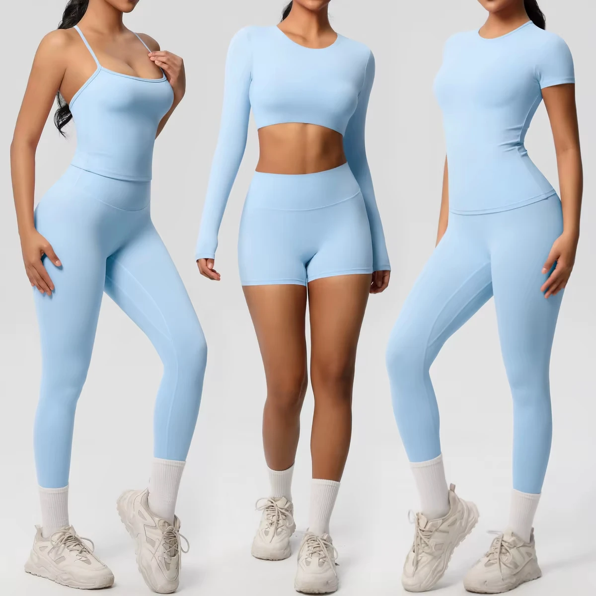 Women's Athletic Wear Yoga Set 6 Piece Long Sleeve Shorts Breathable Crop Top Active Workout Outfits with Leggings Jackets