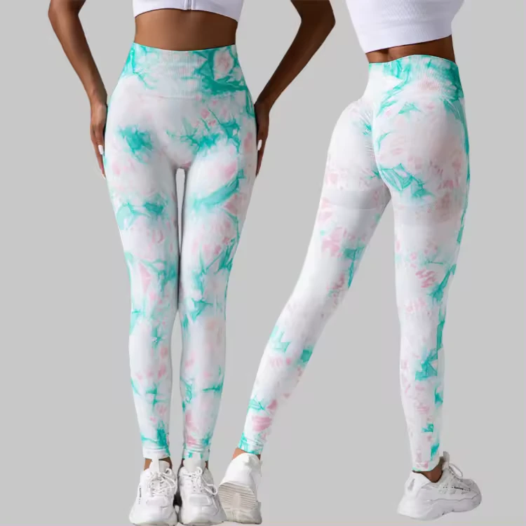 High Compression Seamless Tie Dye Bleach Yoga Pants Gym Fitness Scrunch Butt Leggings Drawstring Mid Solid Tummy Control Push-Up