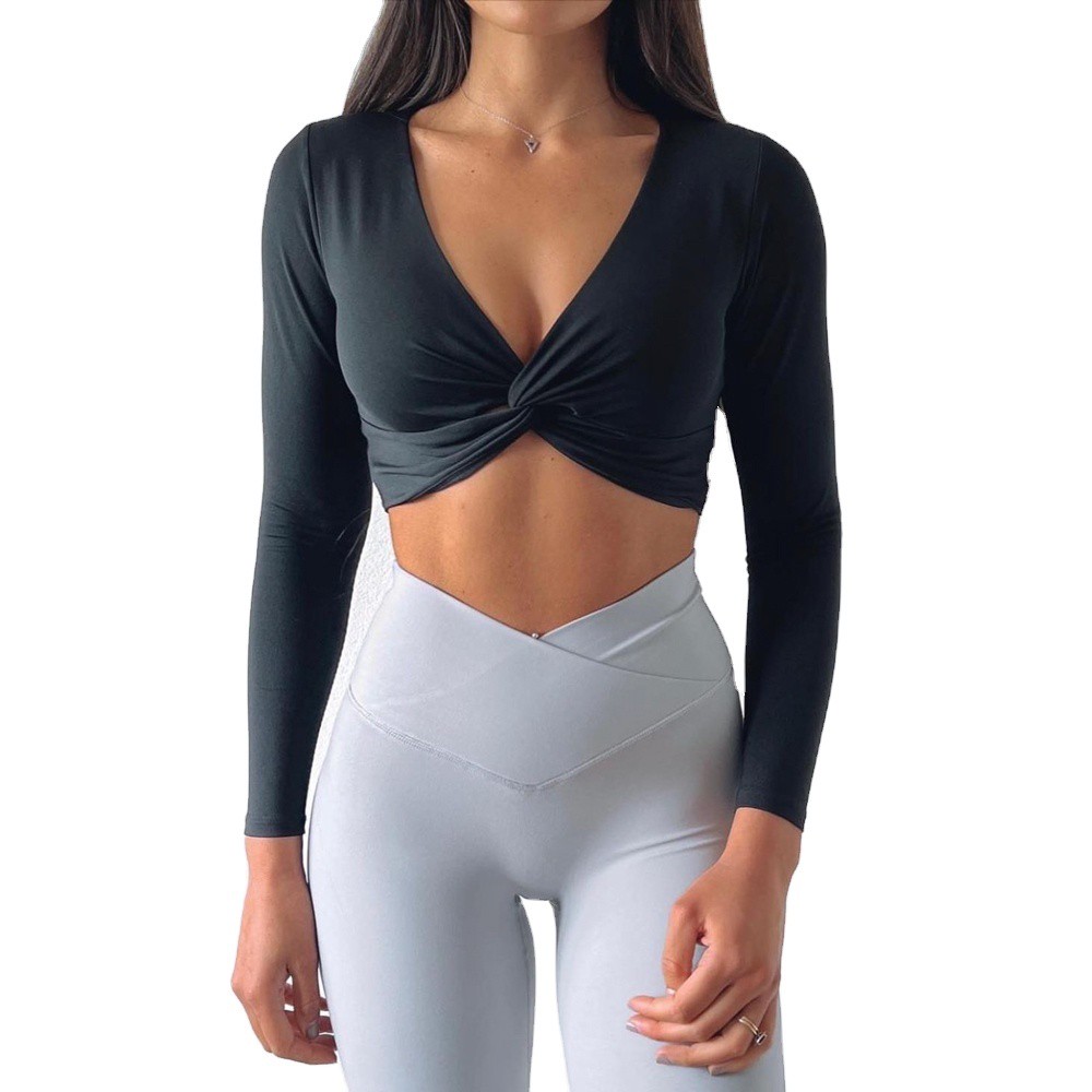 New Twist Knot Front Long Sleeve Crop Top for Women Deep V Neck Yoga Top Sports Shirts Workout Gym Crop Top Sportswear
