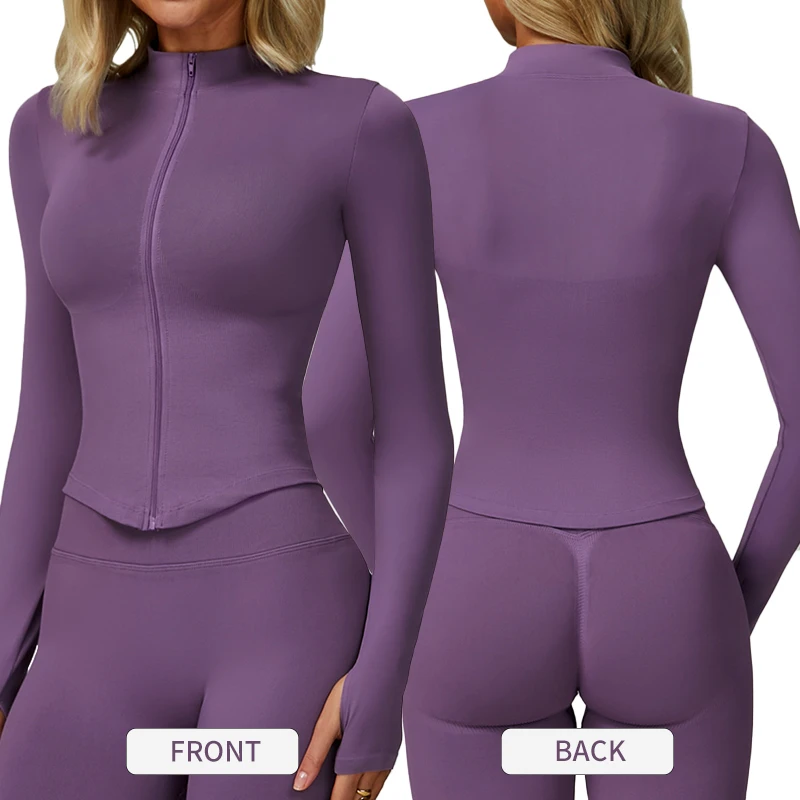 DWT7725 Women Seamless Long Sleeve Zip Fitness Jacket Slim Curve Hem Yoga Top Quick Drying Running Top