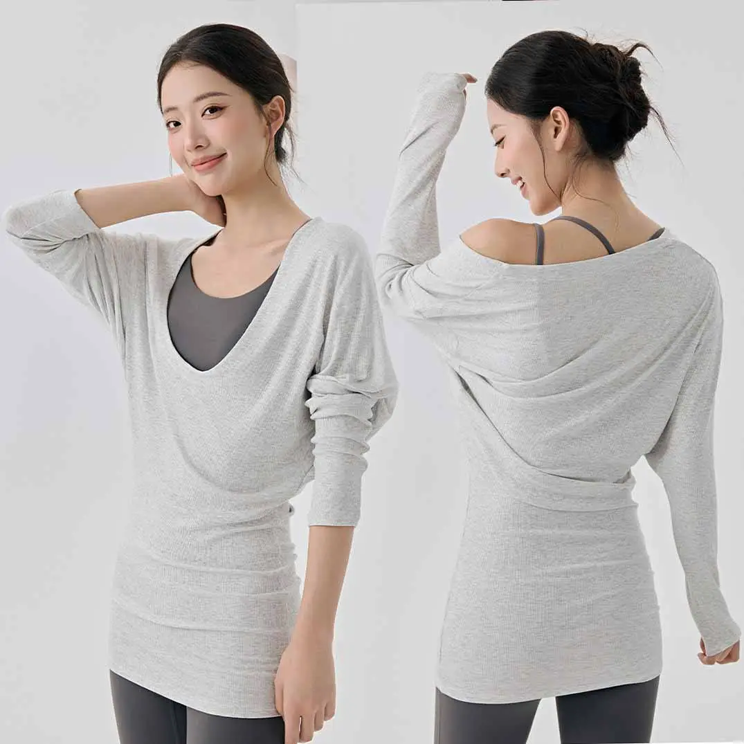 Women's Ribbed Long Sleeve Yoga Top Deep U Neck Cross Back Tunic Shirt High Stretch Casual Workout Pullover for Gym