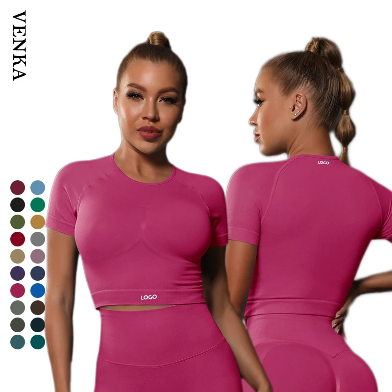 Women Fitness Sportswear Nylon Spandex Breathable Round Neck Short Sleeve Shirt Slim Fit Crop Top Gym Workout Yoga T Shirt