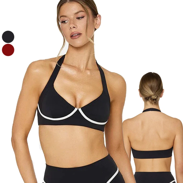 Breathable Backless Fitness Bra Padded Push up V Neck Color Blocking Halter Sports Bra Custom logo Sports Bra for Women