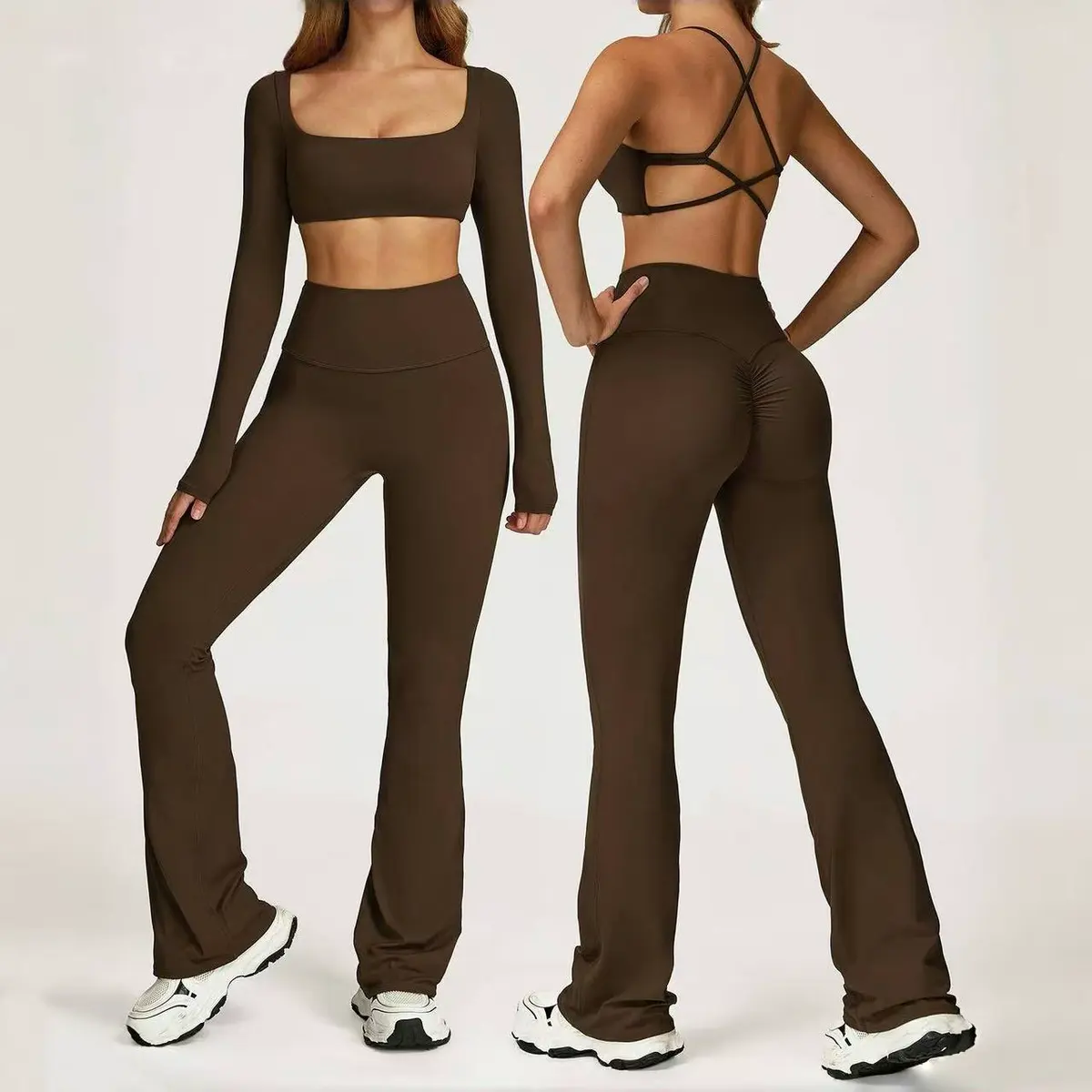 YanRuo Women's High-Waist Autumn Yoga Sports Fitness Suit Set Solid Tight-Fitting Casual Shockproof Bare-Feel Waterproof