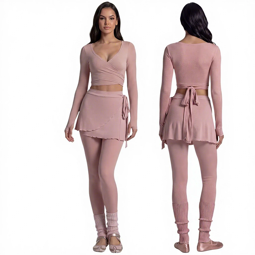 Women's Solid Color Fitness Sports Suit, Long Sleeve Crop Top, Tie-up Skirt, Leggings, 3-Piece Yoga Set, Quick-Dry Clothes