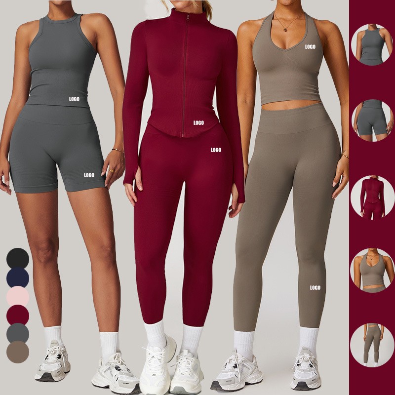 5-Piece Seamless Solid Yoga Sets for Women High Waist Butt-Lifting Tummy Control Active Stretch Breathable Sportswear Custom