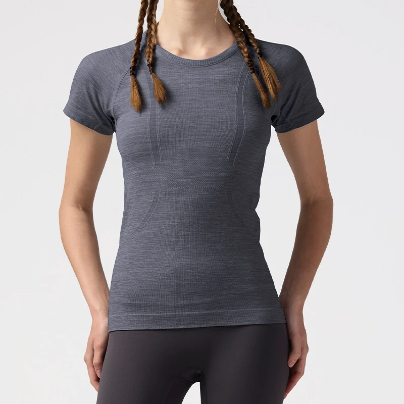 Short-Sleeve Striped Yoga Shirt Quick-Dry Women's Round-Neck Slim-Fit Sports Top Breathable Nylon Fitness Wear