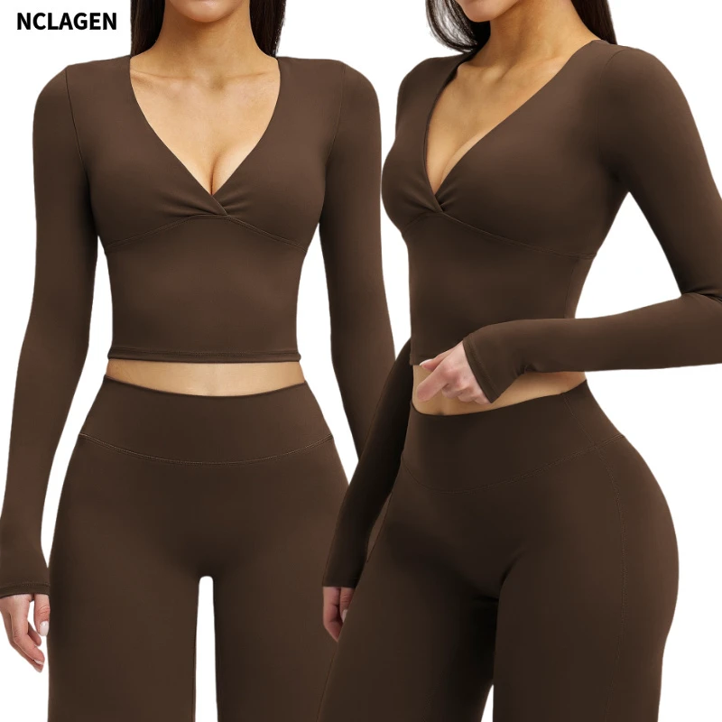 Women's Spring V-neck Tshirt Yoga Pilates Long-sleeved Sweat-Wicking Tight-fitting Sports Yoga Gym Fitness Top With Chest Pad