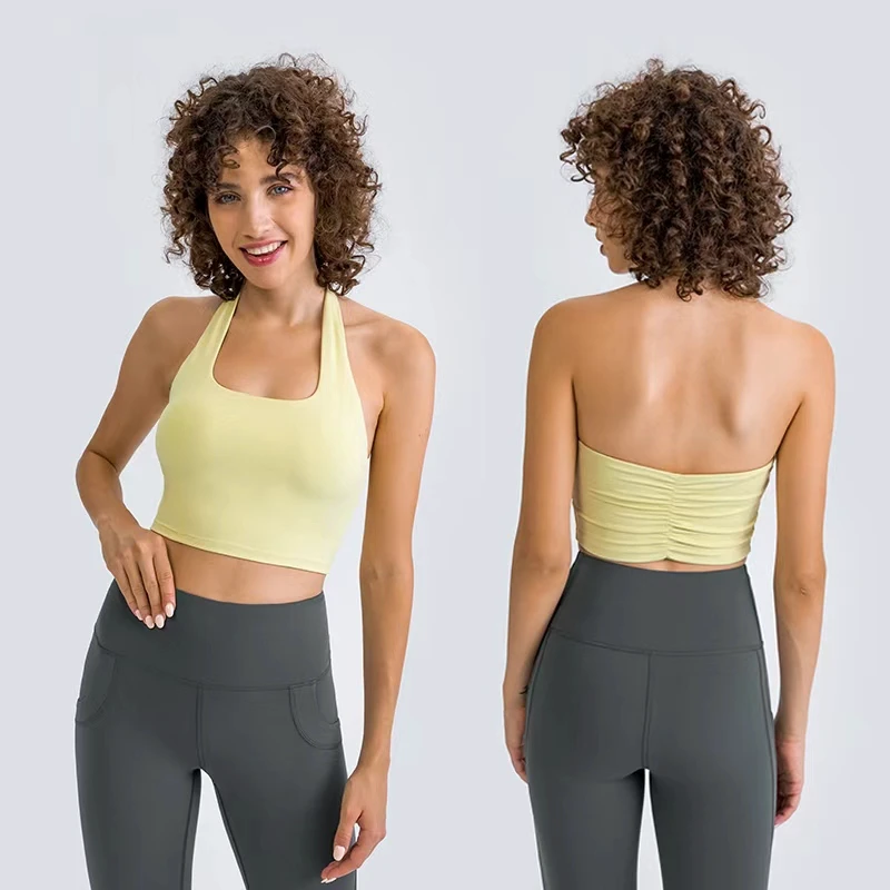 Wholesale Factory Custom Halter Neck Yoga Crop Top Women Ruched Back Workout Sports Bra With Removable Pads