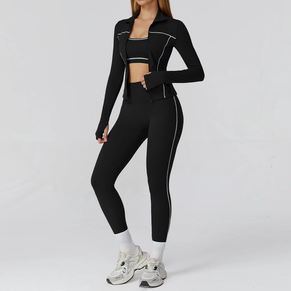 Contrast Color Sanded Yoga Suit Zipper Slim Yoga Fitness Clothes Casual Running Sports Three-piece Suit
