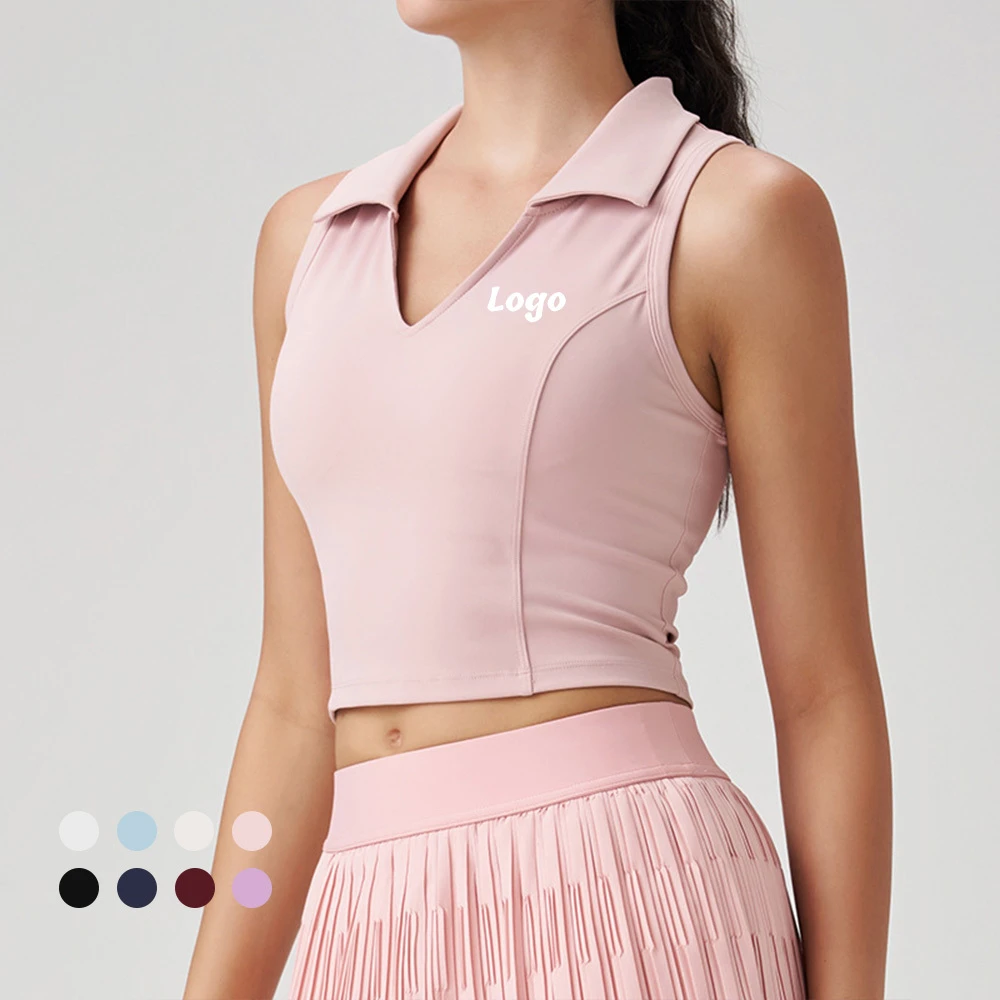 OEM Custom Women's Yoga Gym Tennis Quick Dry Sleeveless Racerback Crop Top Collared V-Neck Tank Tops with Built-in Fixed Pads